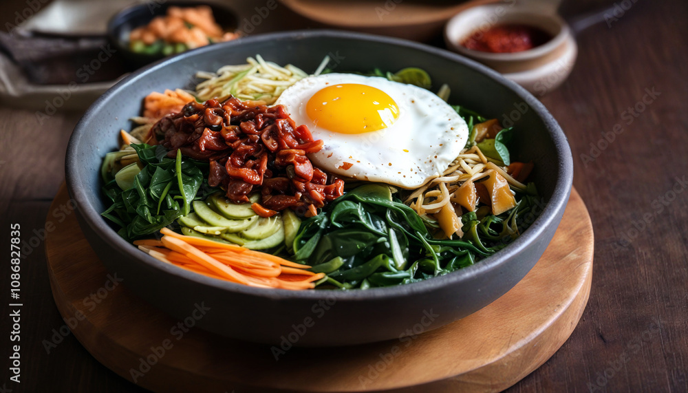 Delicious bibimbap served in a bowl with fresh vegetables, rice, and a sunny-side-up egg, perfect for a healthy meal at lunch Delicious bibimbap served in a bowl with fresh vegetables, rice, and a sunny-side-up egg, perfect for a healthy meal at lunch