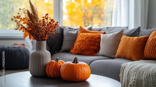 Cozy Autumn Interior with Pumpkins and Dried Flowers