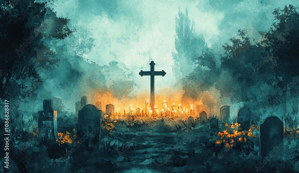 Naklejka premium Serene Watercolor Illustration of Cemetery Cross and Candles