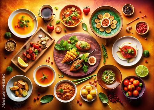 Wallpaper Mural Exquisite Culinary Delights Displayed on Soft Gradient Background in Warm Tones, Showcasing Colorful Ingredients and Artful Presentation for Food Photography Lovers Torontodigital.ca