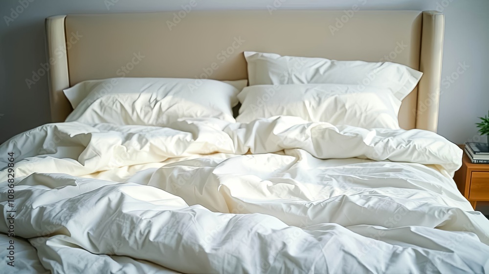 A neatly made bed with crisp white linens and plush pillows, inviting relaxation and tranquility. A neatly made bed with crisp white linens and plush pillows, inviting relaxation and tranquility.