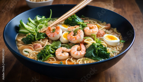 Delicious bowl of shrimp noodle soup with vegetables and egg served in a deep blue bowl on a wooden table