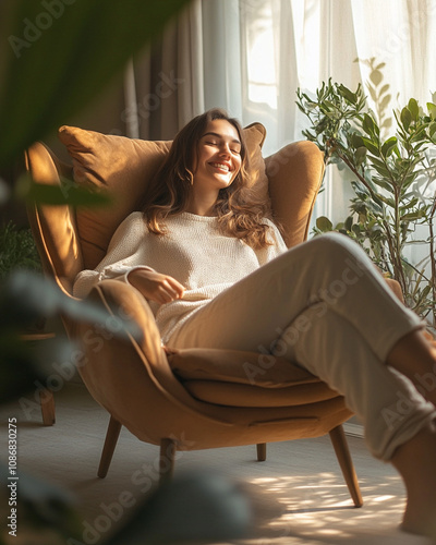 Happy woman enjoying serene home environment while sitting in a comfortable chair, relaxing and breathing fresh air. Concept of wellbeing, relaxation, and positive living
