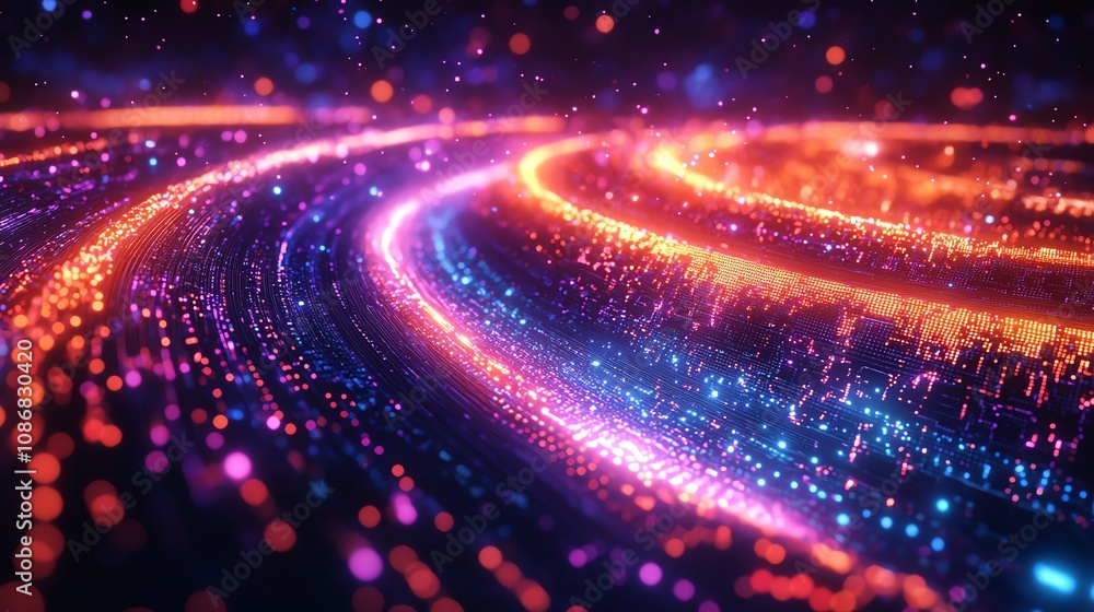Obraz premium Bitcoin symbols radiating neon colors in a glowing blockchain system surrounded by cascading trails
