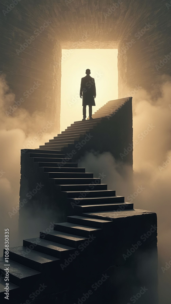 Silhouette of a person with upward staircases representing ambition Silhouette of a person with upward staircases representing ambition
