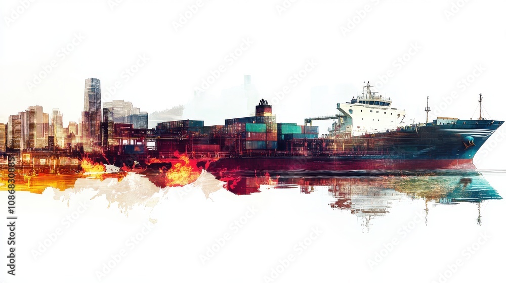 Obraz premium Vibrant Composite Image of Container Ship Sailing Along Skyline with Colorful Reflections in Water, Representing Commerce, Trade, and Urban Life