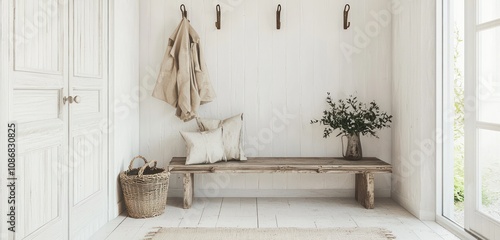 Farmhouse entryway with an all-white theme, distressed wood bench, and vintage hooks.