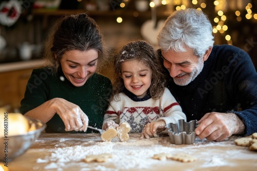 Family enjoying christmas baking together - rolling cookies in festive kitchen atmosphere