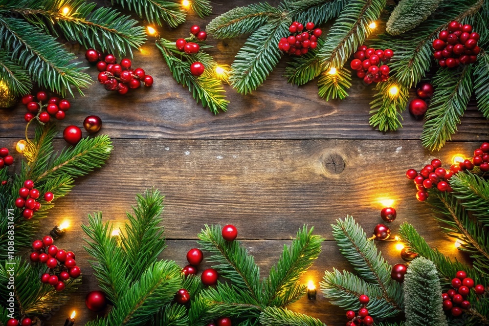 Festive Christmas Border of Lush Evergreens, Vibrant Red Berries, and Twinkling Christmas Lights Perfect for Holiday Greetings and Seasonal Decor
