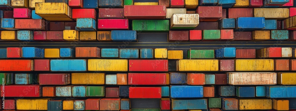 Aerial View of Colorful Shipping Containers Stacked Neatly in a Busy Freight Yard, Representing Global Trade and Logistics Operations in Vibrant Hues Aerial View of Colorful Shipping Containers Stacked Neatly in a Busy Freight Yard, Representing Global Trade and Logistics Operations in Vibrant Hues