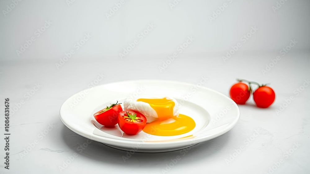 A Perfectly Poached Egg with Runny Yolk, Served on a White Plate with Fresh Tomato Halves, a Simple and Delicious Breakfast Option A Perfectly Poached Egg with Runny Yolk, Served on a White Plate with Fresh Tomato Halves, a Simple and Delicious Breakfast Option