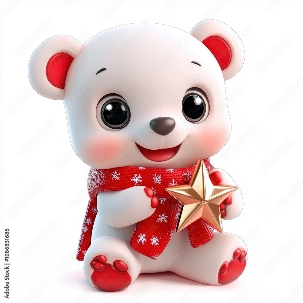 Naklejka premium Adorable 3D Render of a Polar Bear Cub Holding a Gold Star for Christmas