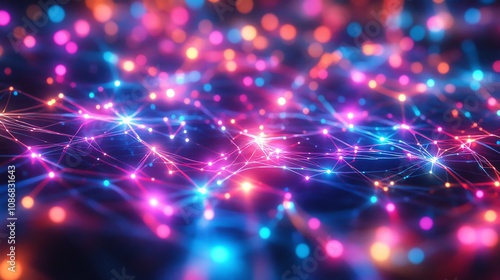 Holographic streams of vibrant neon lights cascading across a cyber landscape forming glowing grids