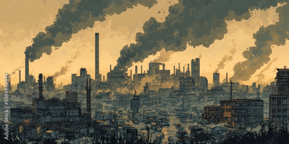 Fototapeta premium An Industrial Cityscape with Smoke Plumes and Tall Buildings