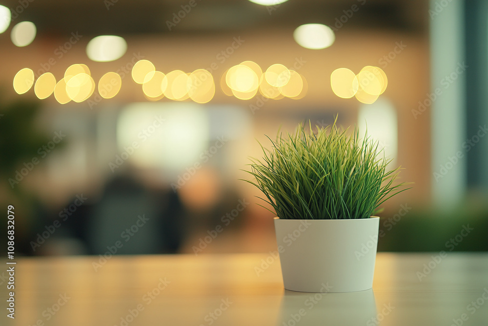Photo of a modern office with a blurred background, featuring a small green plant on the table Photo of a modern office with a blurred background, featuring a small green plant on the table