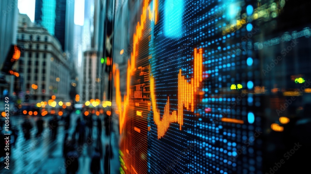 Fototapeta premium Glowing Stock Market Graph with Financial District Background, Urban Investment Scene, Blurred City Lights and Rainy Atmosphere, Economic Data Visualization Concept