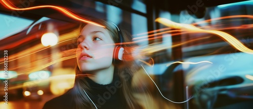 Cool photograph of teenager wearing headphones. Motion blur etherial ambiance effect. Generative AI