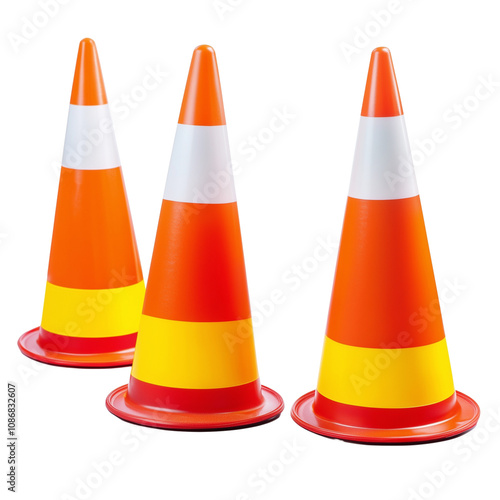 Set of orange white yellow agility traffic safety construction  cones isolated on transparent background