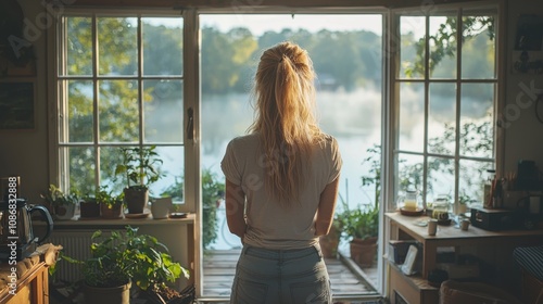 Back view of a woman with long blonde hair standing in a cozy room filled with plants, gazing at a tranquil lake through a large window