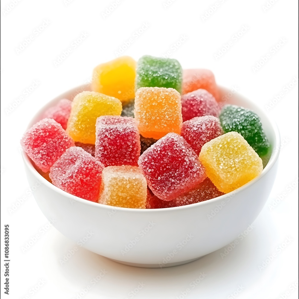 Colorful sugar-coated gelatin gummy candies in a bowl on a white transparent background, perfect for sweet treat or candy-themed projects. Colorful sugar-coated gelatin gummy candies in a bowl on a white transparent background, perfect for sweet treat or candy-themed projects.