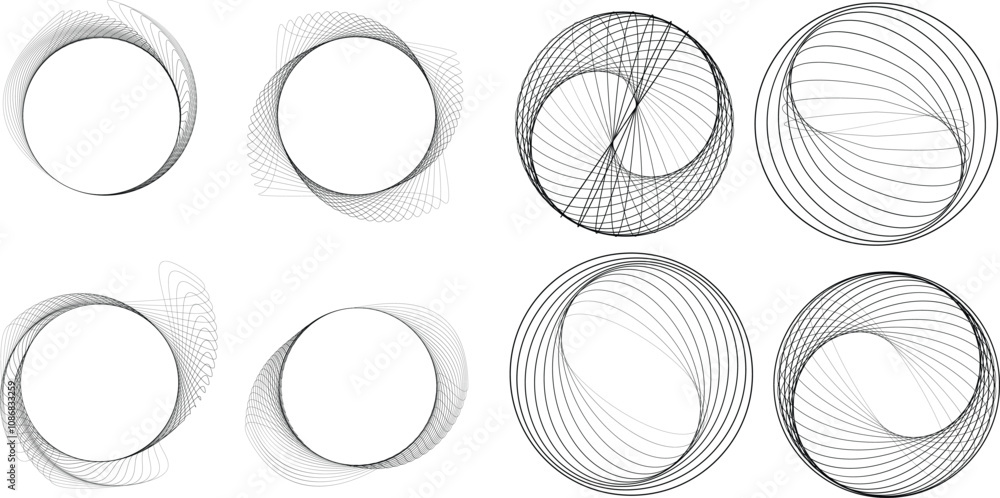 Lines in Circle Form . Rotate rounded shape Vector Illustration .Rotating circles form a ring.Rotating design element . Various circle lines forming round frame . Abstract Geometric line art Lines in Circle Form . Rotate rounded shape Vector Illustration .Rotating circles form a ring.Rotating design element . Various circle lines forming round frame . Abstract Geometric line art