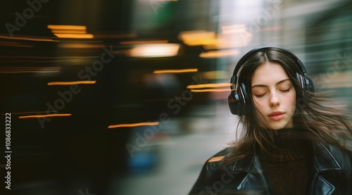 Cool photograph of teenager wearing headphones. Motion blur etherial ambiance effect. Generative AI
