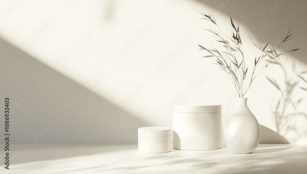 Minimalist White Beauty Product Display with Sunlight and Shadow Minimalist White Beauty Product Display with Sunlight and Shadow
