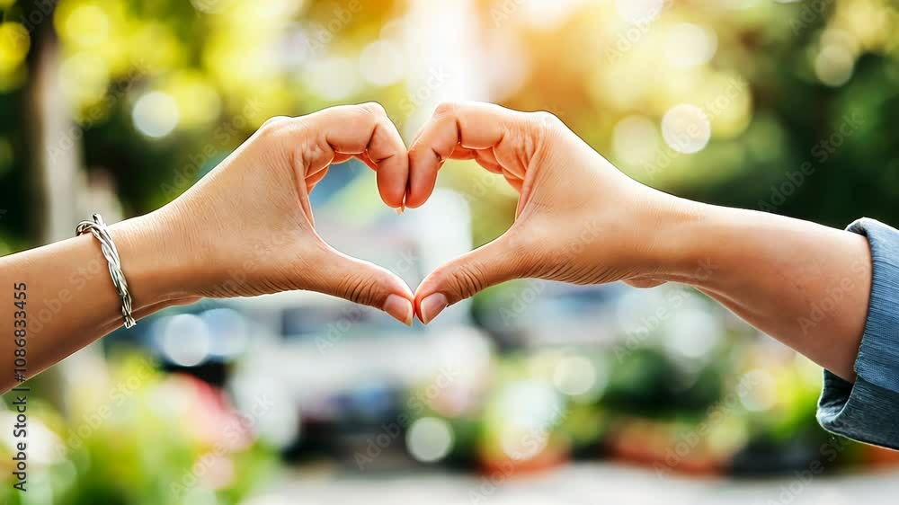 Close-up of two hands forming heart shape outdoors, symbolizing love, unity, and connection. Romantic gesture, friendship, and positivity in natural sunlight and vibrant setting