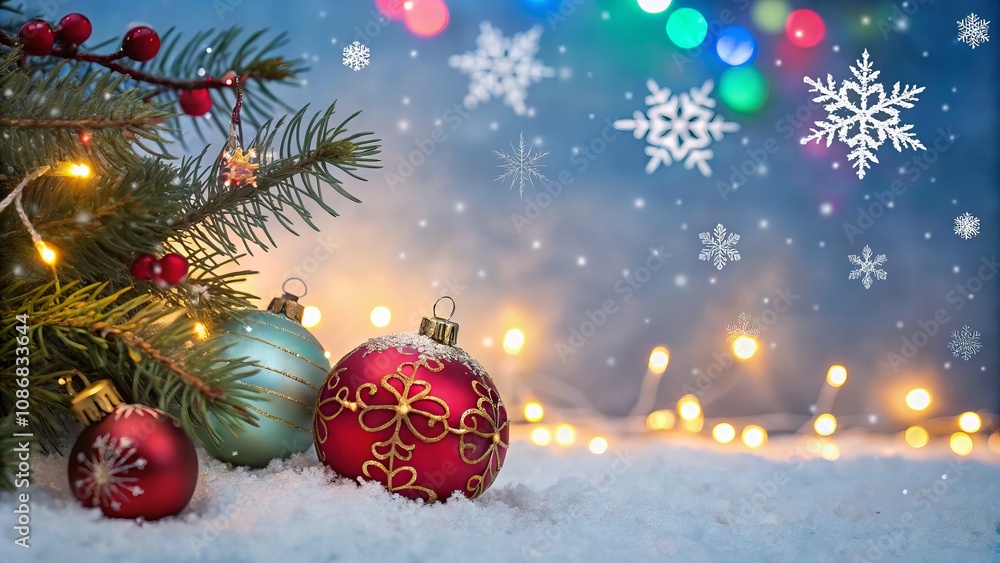 Festive Christmas Scene with Ornaments, Pine Tree Branches, and Snowy Background, Illuminated by Warm String Lights and Bokeh, Perfect for Holiday Greeting Cards, Seasonal Marketing, and Christmas Festive Christmas Scene with Ornaments, Pine Tree Branches, and Snowy Background, Illuminated by Warm String Lights and Bokeh, Perfect for Holiday Greeting Cards, Seasonal Marketing, and Christmas