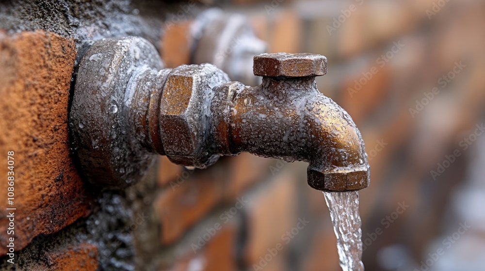 Water flows steadily from an aged faucet mounted on a brick wall, reflecting the warm glow of the fading afternoon light while creating a serene atmosphere Water flows steadily from an aged faucet mounted on a brick wall, reflecting the warm glow of the fading afternoon light while creating a serene atmosphere