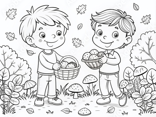 Funny Little Boys Mushroomers Discovering a Large Edible Mushroom in an Autumn Forest Glade - Black and White Cartoon Illustration for Coloring Book Fun