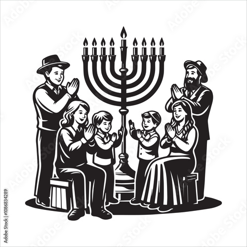 A Jewish Family Sings Holiday Hymns. A heartwarming black and white illustration of a Jewish family singing together.