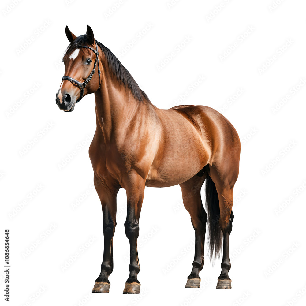 Obraz premium A magnificent brown horse stands proudly against a black background, capturing attention with its graceful posture and glossy coat, embodying strength and elegance in every detail.