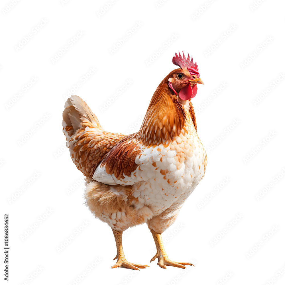 Fototapeta premium Captivating Display of a Beautiful Hen: A Striking Portrait of a Rustic Chicken with Soft, Brown and White Feathers Against a Solid Black Background