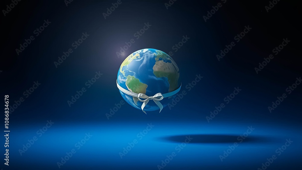 A delicate white ribbon tied around a 3D globe, symbolizing the interconnectedness and fragility of our planet. A delicate white ribbon tied around a 3D globe, symbolizing the interconnectedness and fragility of our planet.