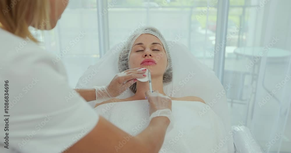 Woman geting an injection in her lips in beauty salon. Beauty injections woman lying in the beautician office. Increase the lips by hyaluronic acid, contouring procedure, revitalization. Woman geting an injection in her lips in beauty salon. Beauty injections woman lying in the beautician office. Increase the lips by hyaluronic acid, contouring procedure, revitalization.