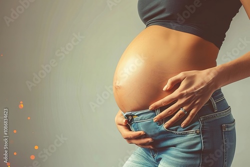 Woman's abdomen with excess fat highlighted on grey background photo