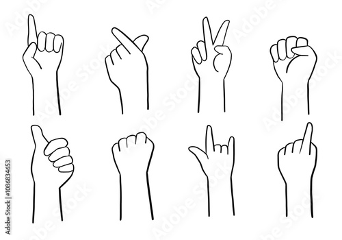 Hand gesture illustration collection. A collection of eight minimalist hand gesture illustrations, including pointing, peace sign, fist, thumbs up, and more. Perfect for creative and thematic designs