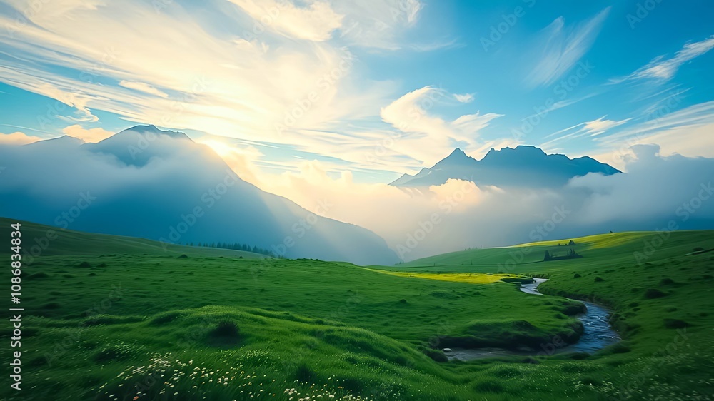 Serene Mountain Valley with a Winding Stream and Lush Meadows Beneath a Softly Lit Sky Serene Mountain Valley with a Winding Stream and Lush Meadows Beneath a Softly Lit Sky