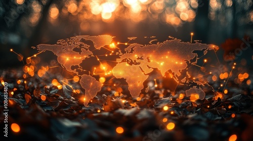 Fototapeta Naklejka Na Ścianę i Meble -  Abstract World Map with Glowing Connections Overlaid on Autumn Leaves During Sunset, Glorious Natural Background with Warm Hues