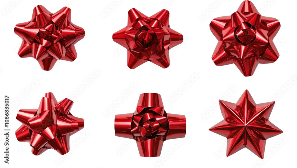 Set of red gift bows isolated on a white background, top view. Set of red gift bows isolated on a white background, top view.