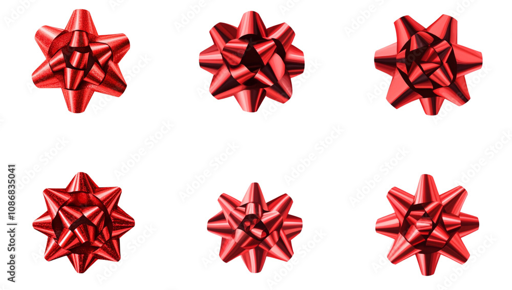 Set of red gift bows isolated on a white background, top view. Set of red gift bows isolated on a white background, top view.