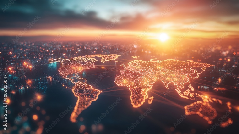 Stunning Aerial View of a Digital World Map at Dusk with Illuminated Connections Over a Cityscape Reflecting Global Networking and Technology Advances Stunning Aerial View of a Digital World Map at Dusk with Illuminated Connections Over a Cityscape Reflecting Global Networking and Technology Advances