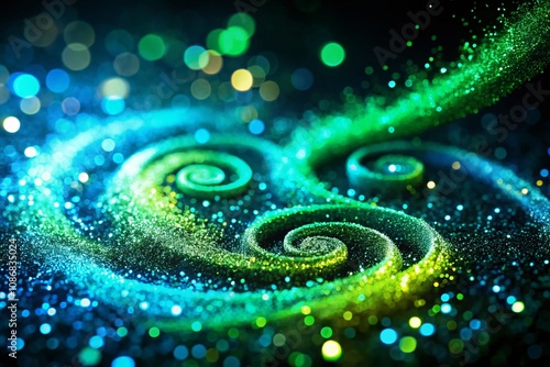 Glowing Green and Blue Neon Glitter Swirls Against a Black Background with Left Positioned Main Subject and Ample Copy Space for Creative Designs and Marketing Needs