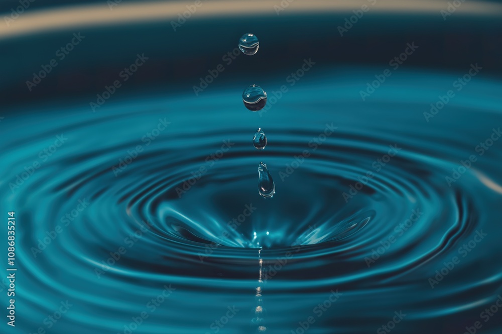 Water drop falling into the water with ripples on a blue background. Water drop falling into the water with ripples on a blue background.
