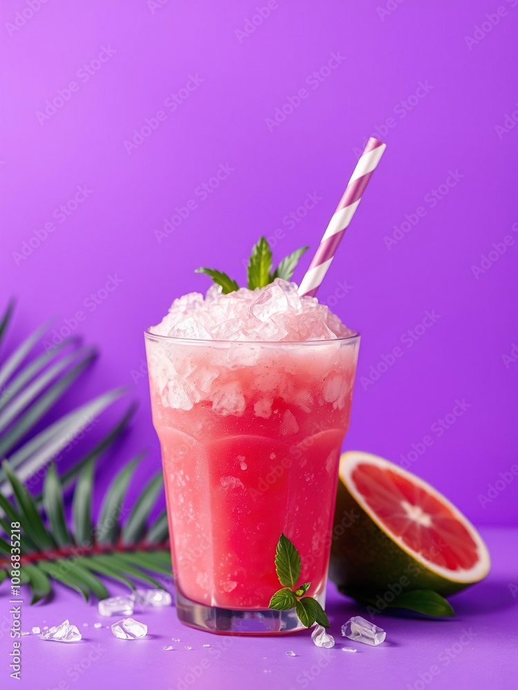 Refreshing tropical pink slushy with ice crystals, served against a vibrant purple background, refreshment, slushy Refreshing tropical pink slushy with ice crystals, served against a vibrant purple background, refreshment, slushy