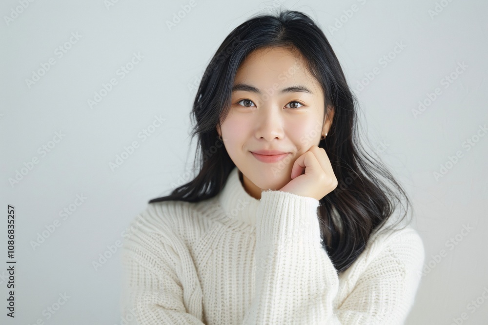 Beautiful Asian Chinese woman showcasing perfect makeup and hairstyle on white background Beautiful Asian Chinese woman showcasing perfect makeup and hairstyle on white background