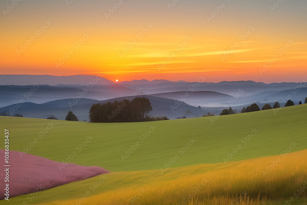 Obraz premium A vibrant sunset paints the sky with hues of orange, yellow, and pink, casting a warm glow over rolling hills and a lush, green meadow. The sun dips below the horizon, leaving a trail of light across 