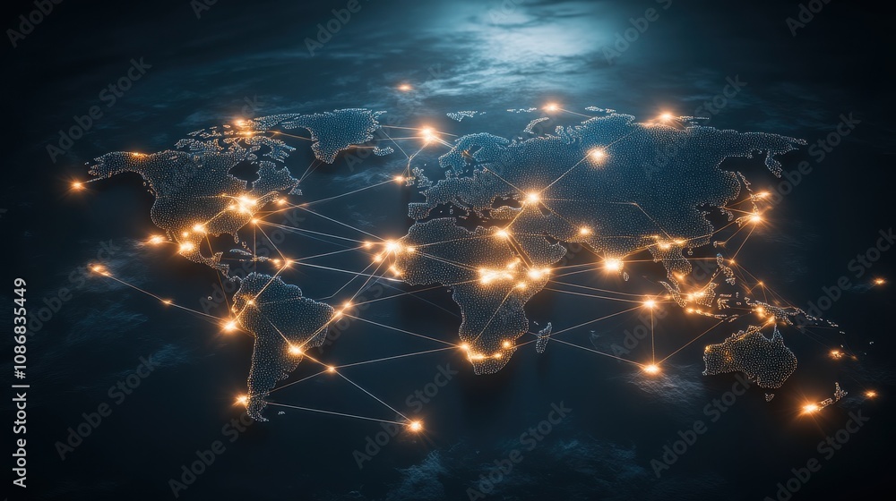 Global Connectivity Network with Illuminated Cities and Links Representing Communication and Data Flow Across Continents and Regions in a Modern Digital World Environment Global Connectivity Network with Illuminated Cities and Links Representing Communication and Data Flow Across Continents and Regions in a Modern Digital World Environment