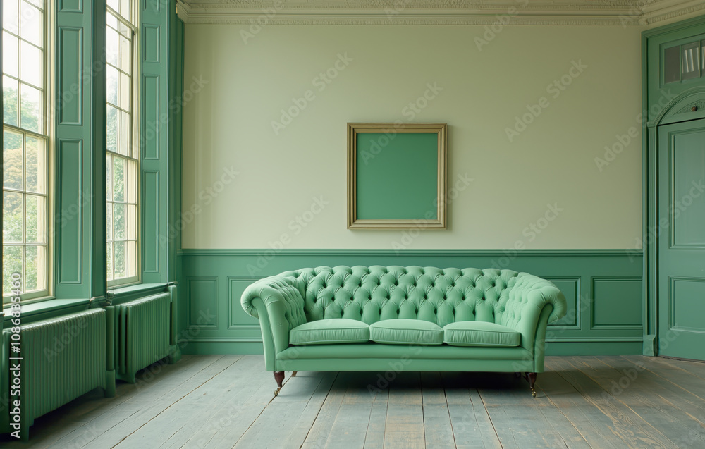 Fototapeta premium Vintage British Living Room: Cozy Green & Cream Decor with Empty Frame